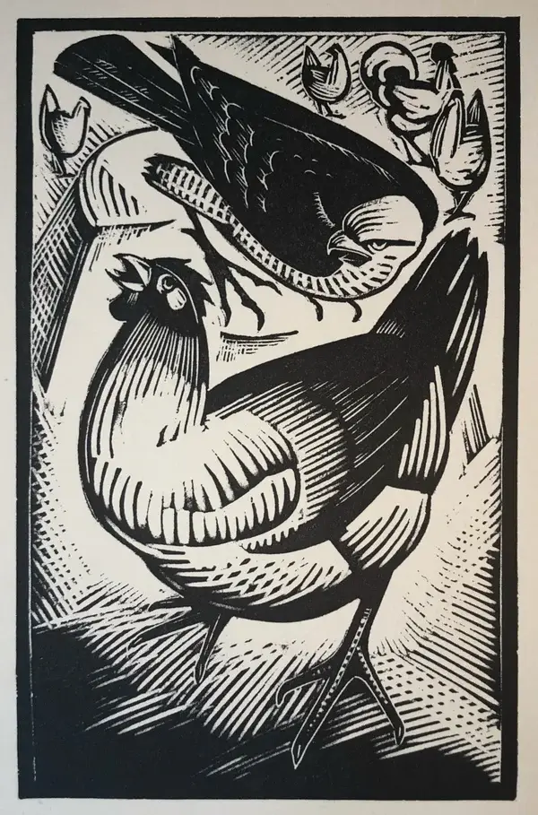 Agnes Miller Parker (1895-1980)  Houtsnede 'Hoenders en Havik' ~1935