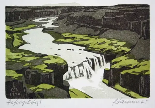 Andreas Sammet (1909-2009 Germany)  Kleurenlinosnede 'Waterval' 1990  Gesigneerd met potlood