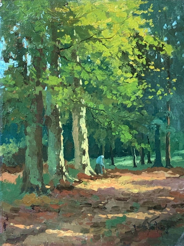 Andries Verleur (1876-1953)  Olieverf op doek op schilderskarton (Marouflé) 'Zonnig bospad met houtspokkelvrouwtje' 1920  Gesigneerd 'Andries Verleur'
