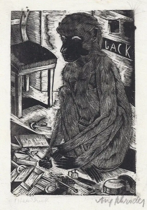 Anny Schröder (Wien 1898-1972)  Houtsnede 'Aapje' circa 1929 o.v. Gesigneerd met potlood