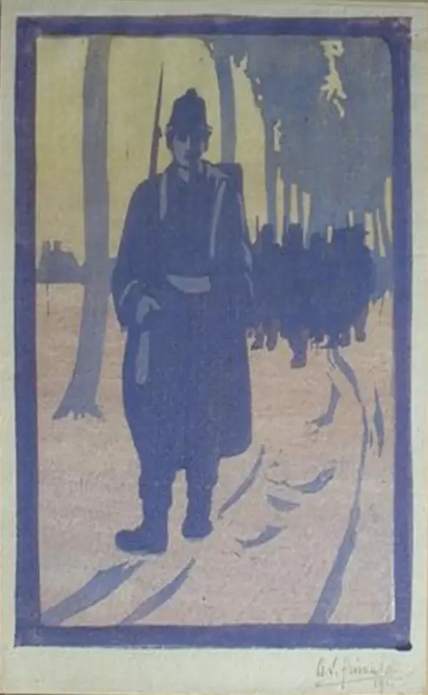 Argentina Louisa Grimaldi (1884-1981)  Kleurenhoutsnede 'Soldaten' 1915  Gesigneerd met potlood