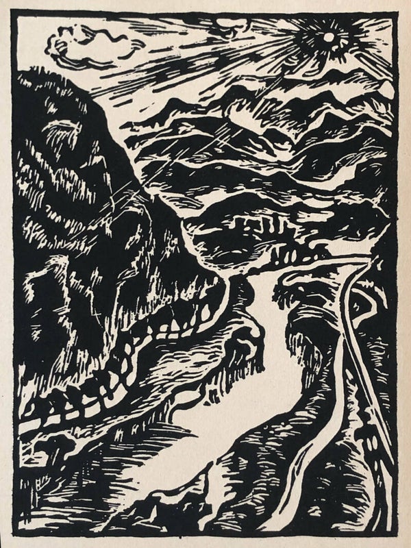 Auguste Seelich (18XX-19XX)  Houtsnede 'Expressionistisch rivierenlandschap' ~1925