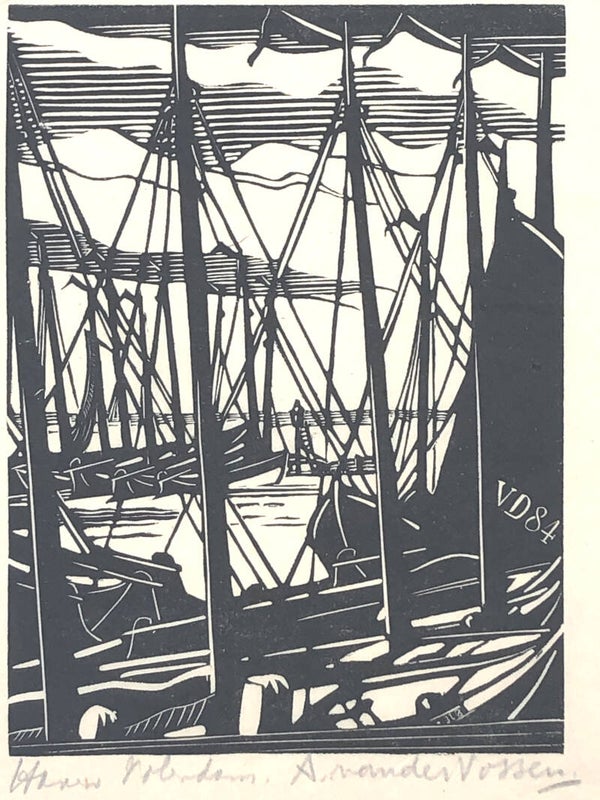 André van der Vossen (1893–1963)  Houtsnede 'Volendamse haven met vissersschepen' ~1925  Gesigneerd met potlood