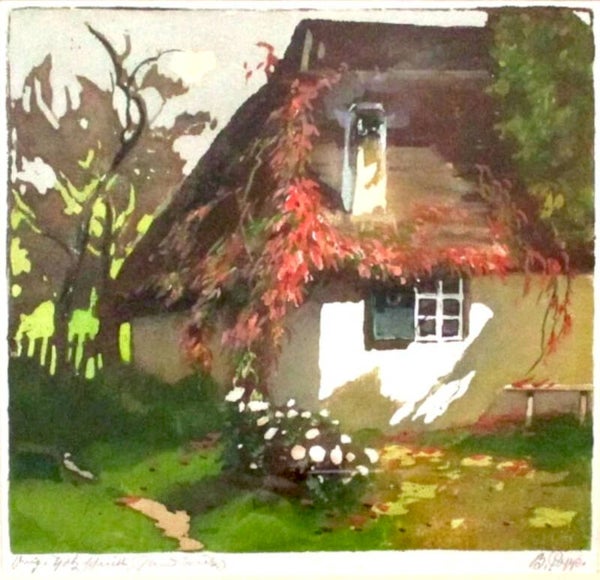 Barbara Popp (1890–1978)  Kleurenhoutsnede 'Huisje met rieten dak' ~1930  Gesigneerd met potlood