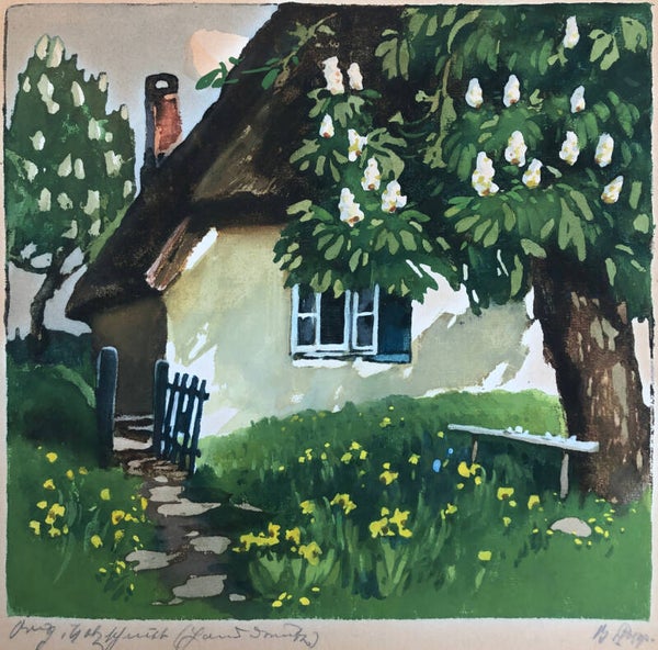 Barbara Popp (1890–1978)  Kleurenhoutsnede 'Huisje met bloesemboom ' ~1930  Gesigneerd met potlood