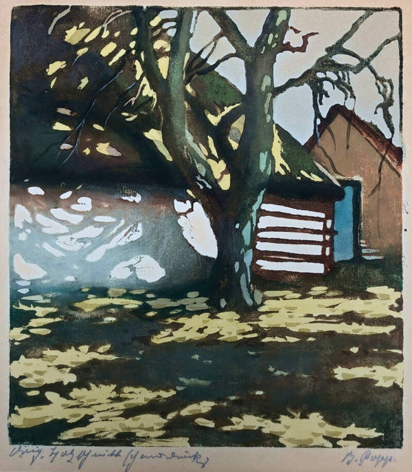 Barbara Popp Kleurenhoutsnede 'Huisje met rieten dak en boom' ~1930  Gesigneerd met potlood