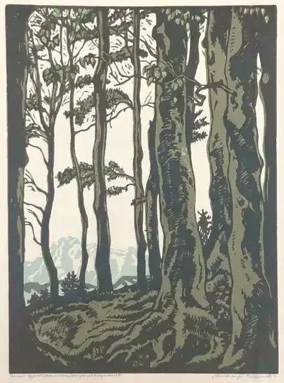 Benno Eggert (Born 1885-1983 Germany)  Kleurenhoutsnede 'Blik op de Feichteck' ~1925  Gesigneerd met potlood