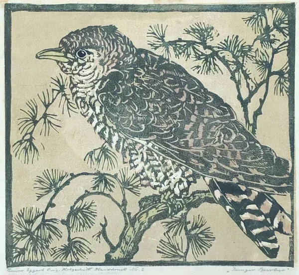 Benno Eggert (1885-1983 Germany)  Kleurenhoutsnede 'Jonge Sperwer' 1925  Gesigneerd met potlood