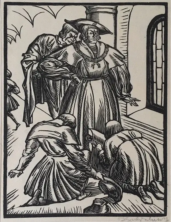 Bruno Goldschmitt (1881-1964 München)  Houtsnede 'Scene uit Götz von Berlichingen' circa 1923  Gesigneerd met potlood