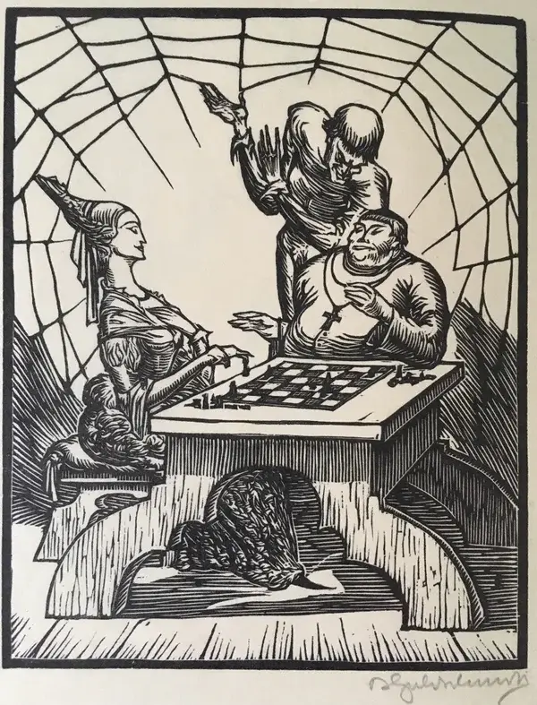 Bruno Goldschmitt (1881-1964 München)  Houtsnede 'Schaak' ~1923  Gesigneerd met potlood