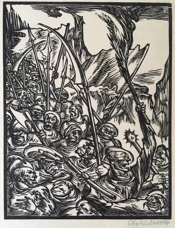 Bruno Goldschmitt (1881-1964 München)  Houtsnede 'Scene uit Götz von Berlichingen' ~1923  Gesigneerd met potlood