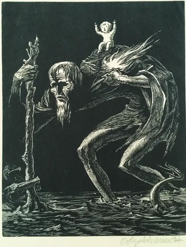 Bruno Goldschmitt (1881-1964 München)  Houtsnede 'St. Christopher' circa 1920  Gesigneerd met potlood