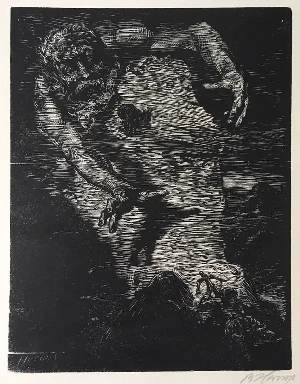 Bruno Heroux (Leipzig 1868-1944)  Houtsnede 'Rübezahl' ~1920  Gesigneerd met potlood