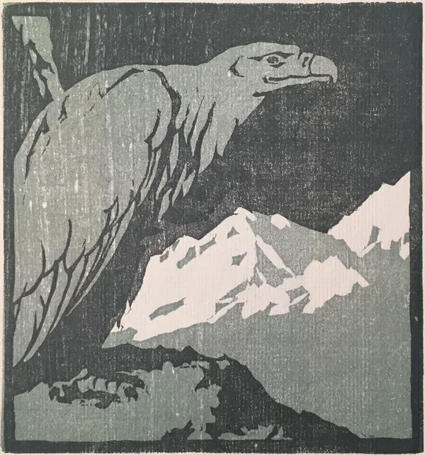 Bruno Seuchter (1912-2002)  Kleurenhoutsnede 'Raubvogel' 1904