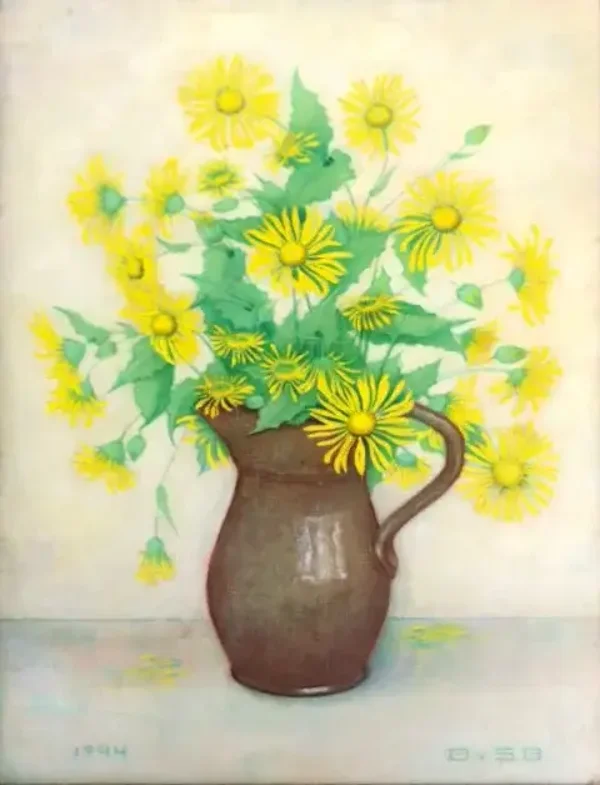 B. van Santen-Bulk (1889–XX) Olieverf op doek ‘Gele bloemen in vaas’ 1944 Gesigneerd