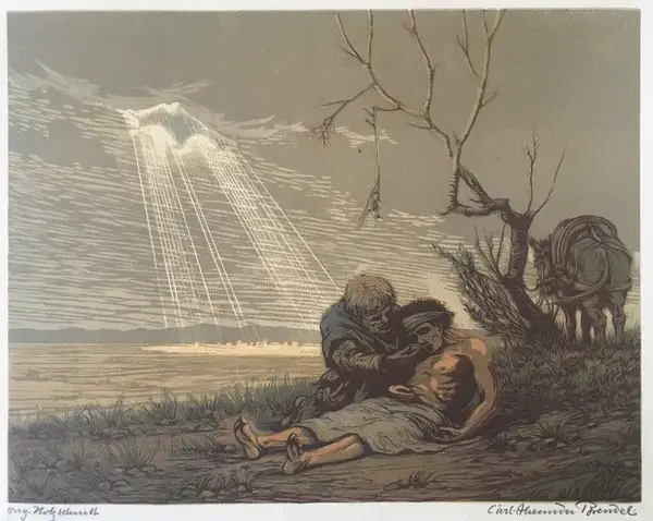 Carl Alexander Brendel (1877-1945)  Kleurenhoutsnede 'Samaritaan' ~1905  Gesigneerd met potlood