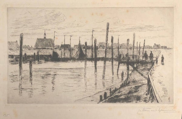 Carel Nicolaas Storm van 's Gravesande (1841-1924)  Ets 'Oud Hollandse haven' ~1900  Gesigneerd met potlood