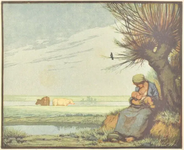 Carl Alexander Brendel (1877-1945)  Kleurenhoutsnede 'Moeder geeft kind borstvoeding / Stillende Mutter' ~1905