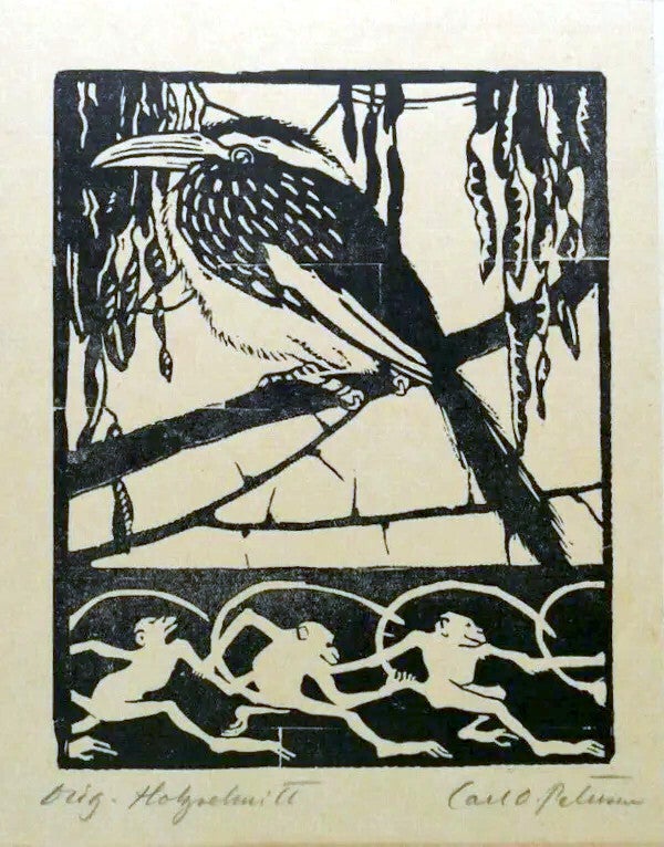 Carl Olof Petersen (Sweden 1881-1939)  Houtsnede 'Exotische vogel' circa 1923 o.v.  Gesigneerd met potlood