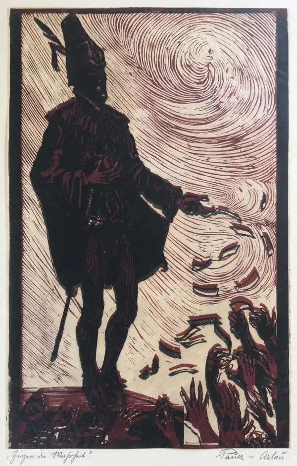 Carl Pauer-Arlau (Austria 1880-1953)  Kleurenhoutsnede 'Maecenas' ~1925  Gesigneerd met potlood