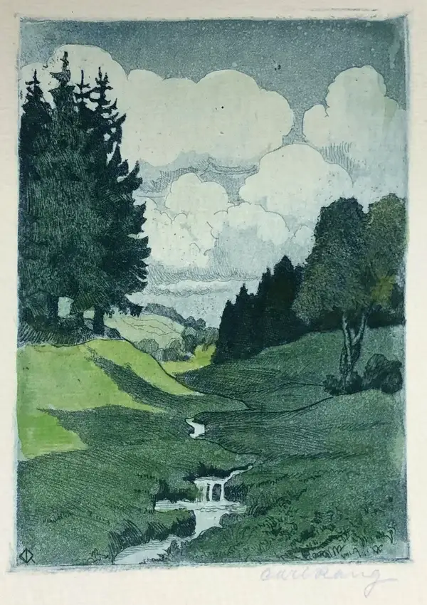 Carl Rang (1886-1965 Germany)  Kleurenaquatint-ets 'Schilderachtig dal met beek' ~1930  Gesigneerd met potlood