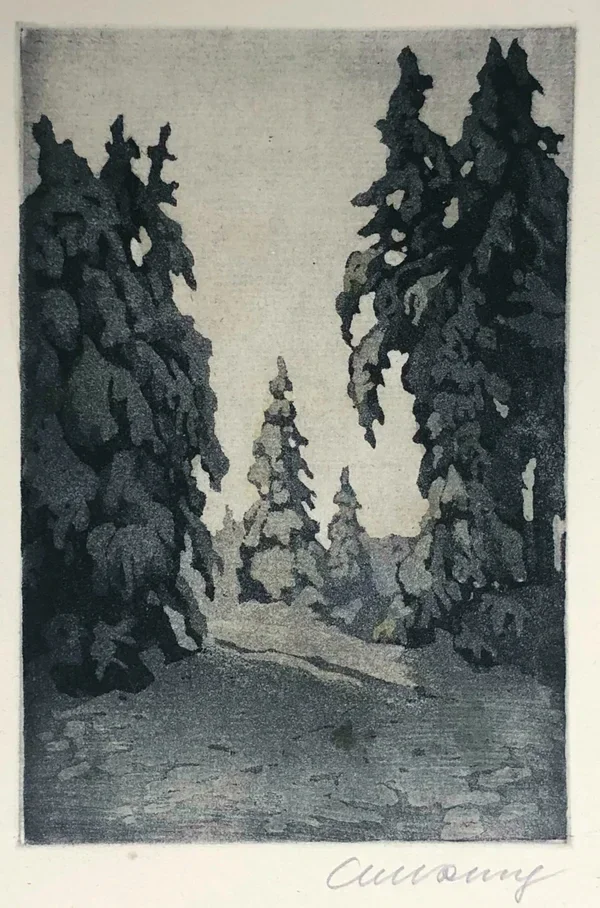 Carl Rang (1886-1965 Germany)  Kleurenaquatint-ets 'Sparren in de sneeuw' ~1920  Gesigneerd met potlood