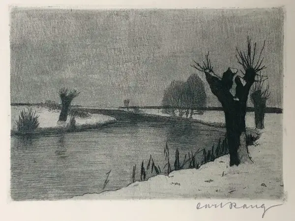 Carl Rang (1886-1965 Germany)  Ets 'Knotwilgen bij water' ~1930  Gesigneerd met potlood