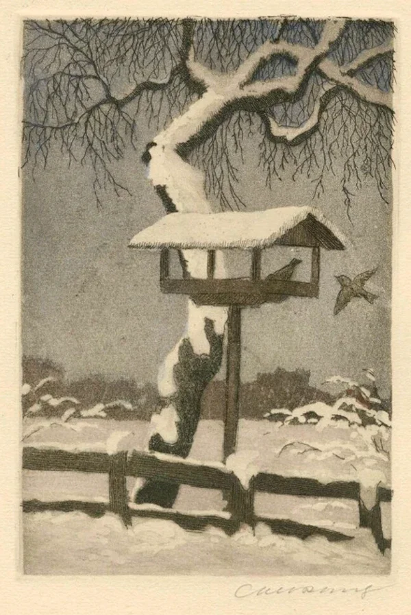 Carl Rang (1886-1965 Germany)  Kleurenaquatint-ets 'Vogelhuisje' ~1920  Gesigneerd met potlood