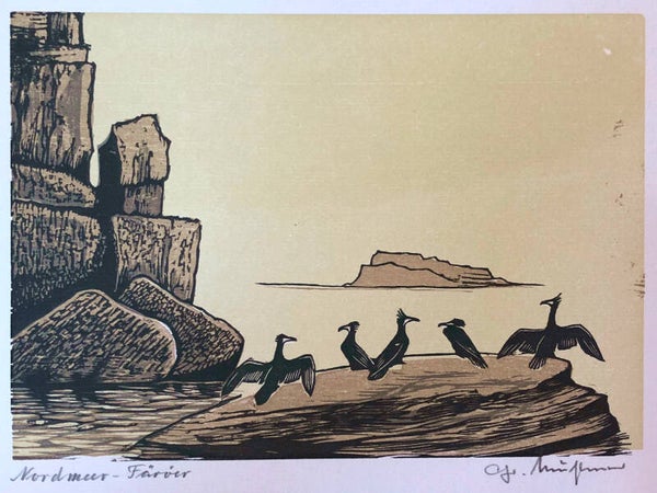 Chritian Mühlner (1916-2008)  Kleurenhoutsnede 'Aalscholvers aan zee bij de Färöer Eilanden' ~1990  Gesigneerd met potlood