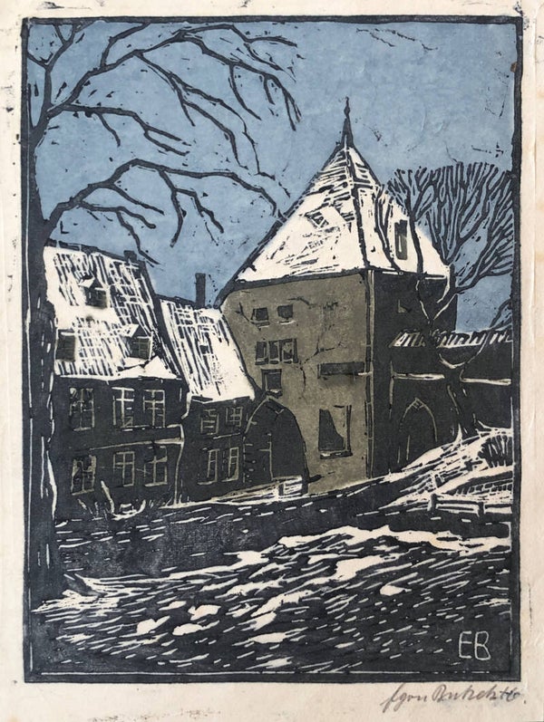 Egon Butzek Kleurenhoutsnede 'Binnenplaats met wachttoren' 1916  Gesigneerd