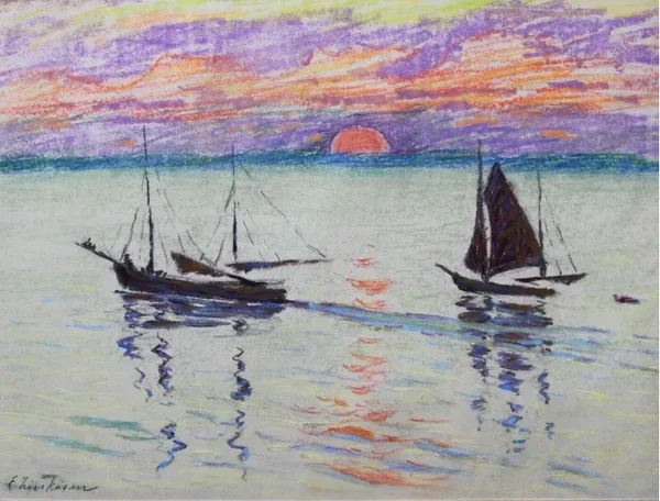 Else Zinkeisen (1871-1934)  Pastel "Twee schepen bij zonsondergang" circa 1920.  Gesigneerd met potlood