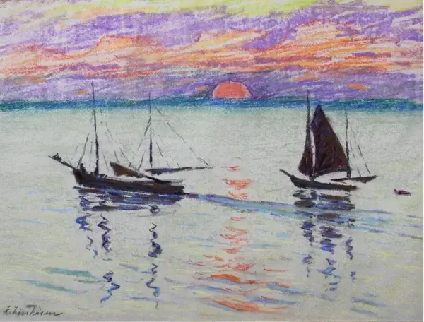 Else Zinkeisen (1871-1934)  Pastel "Twee schepen bij zonsondergang" circa 1920.  Gesigneerd met potlood