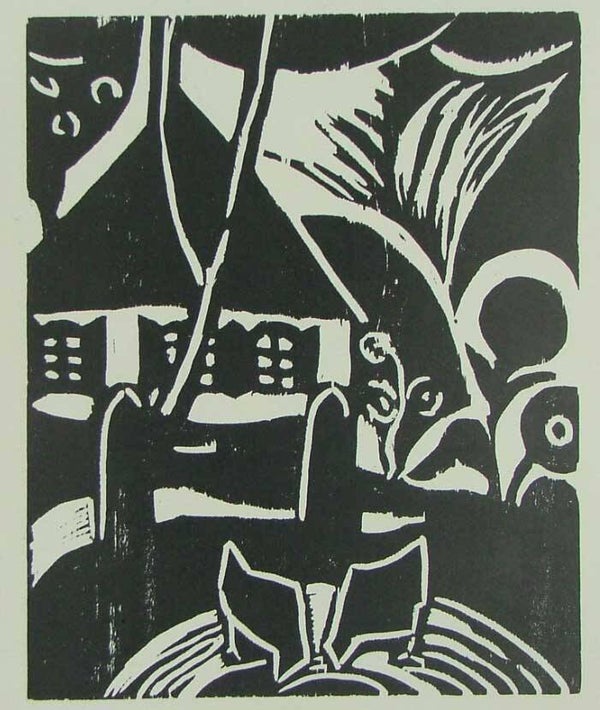 Else Berg (1877-1942)  Houtsnede 'Boerenerf met kippen' ~1925