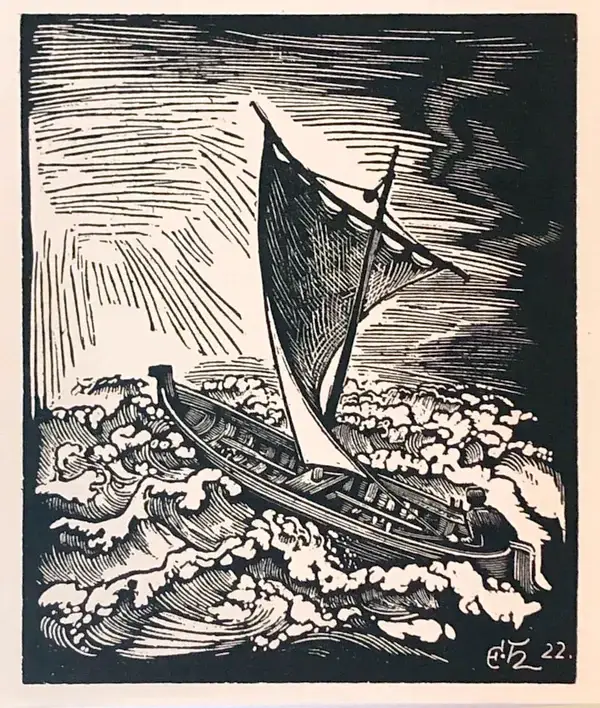 Emil Ernst Heinsdorff (1887-1948)  Houtsnede 'Zeilschip' ~1922