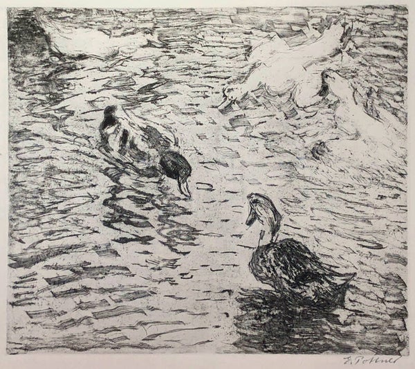 Emil Pottner (1872–1942 Oostenrijk)  Droge naald/Ets 'Eenden' ~1914  Gesigneerd met potlood