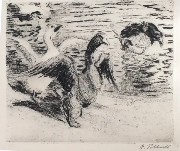 Emil Pottner (1872–1943 Austria)  Ets 'Ganzen' ~1914  Gesigneerd met potlood