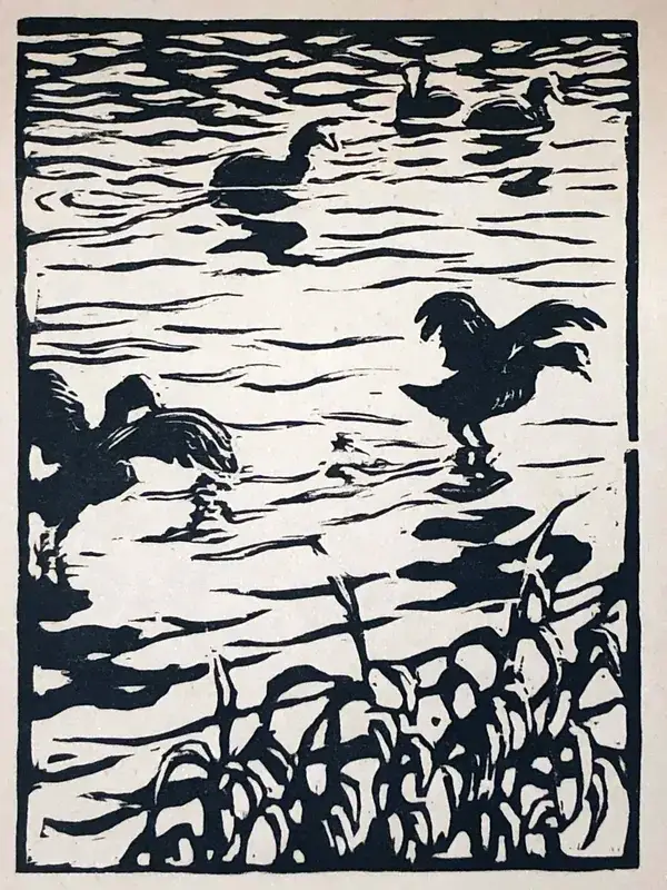 Emil Pottner (1872–1943 Austria)  Houtsnede 'Meerkoetjes' ~1914