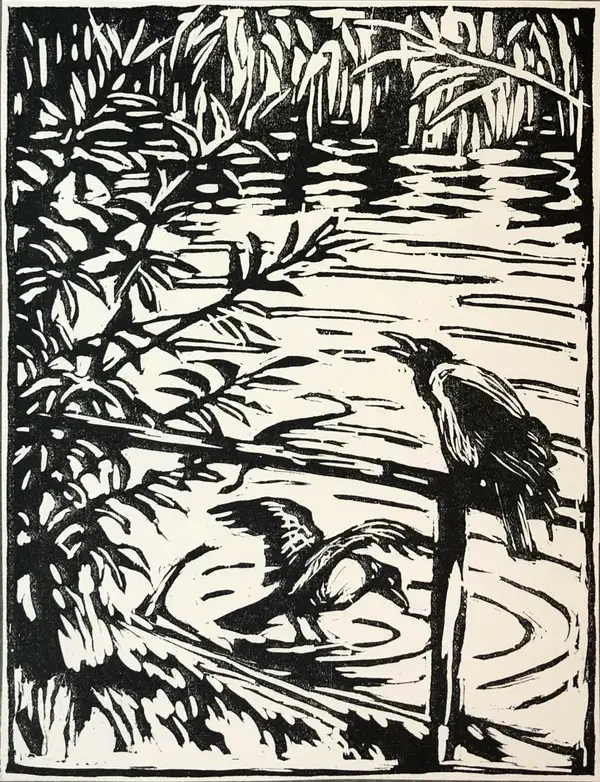 Emil Pottner (1872–1943 Austria)  Houtsnede 'Bonte kraaien' ~1914