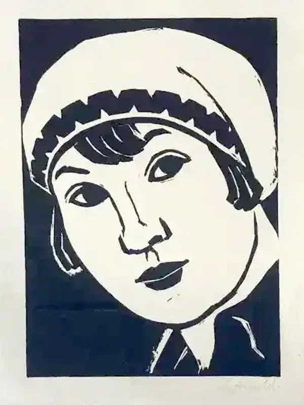 Erich Arnold Bischof (1899-1990)  Houtsnede 'Boerin met hoofddoek' ~1925  Gesigneerd met potlood