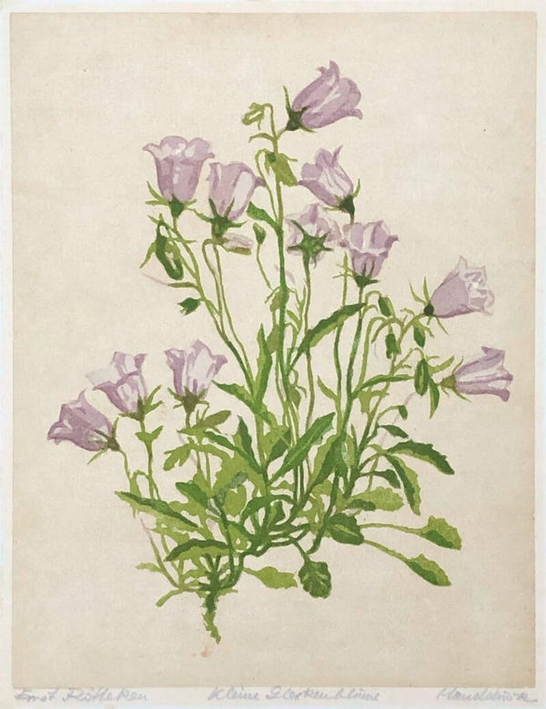Ernst Rötteken (Germany 1882-1945)  Kleurenhoutsnede 'Campanula klokjes' ~1930  Gesigneerd met potlood