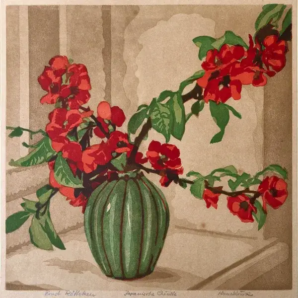 Ernst Rötteken (Germany 1882-1945)  Kleurenhoutsnede 'Chaenomelis-Kweeappel' ~1930  Gesigneerd met potlood