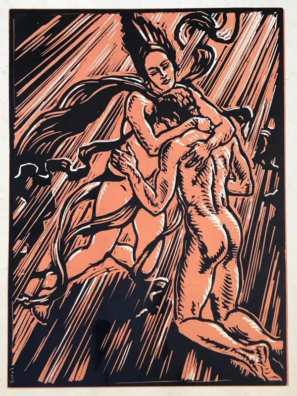 Erwin Lang (1886-1962)  Kleurenhoutsnede “Hermes draagt ​​Pandora” ~1930