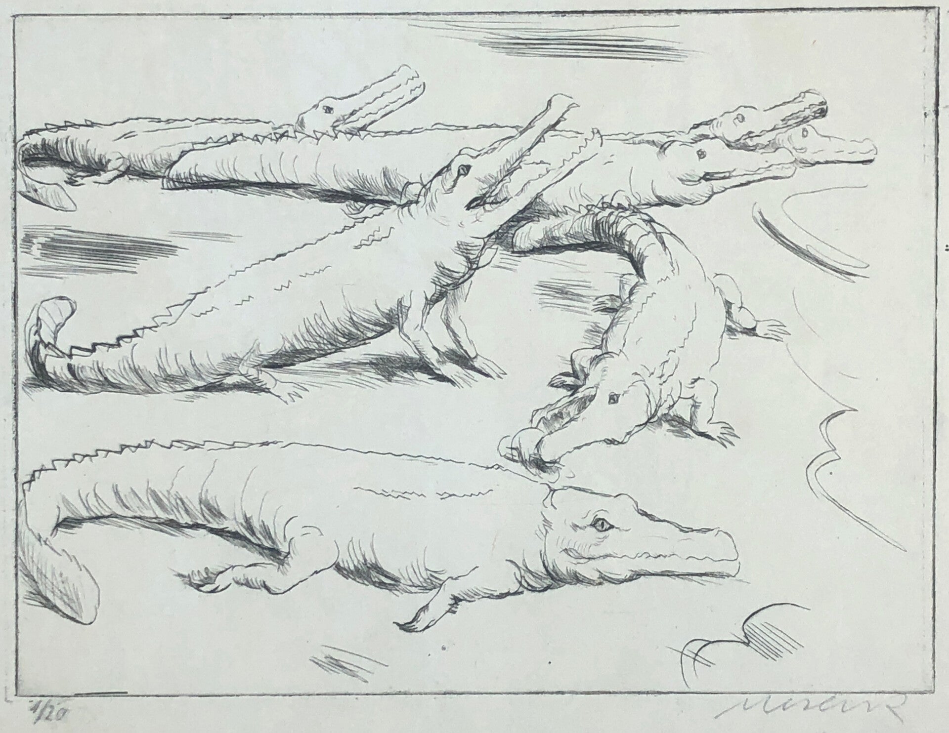 Felix Meseck (Danzig 1883-1955)  Ets (droge naald) 'Krokodillen' ~1920  Gesigneerd met potlood