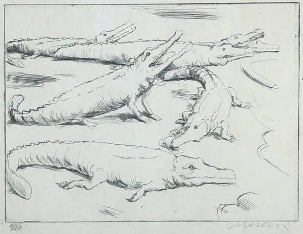Felix Meseck (Danzig 1883-1955)  Ets (droge naald) 'Krokodillen' ~1920  Gesigneerd met potlood