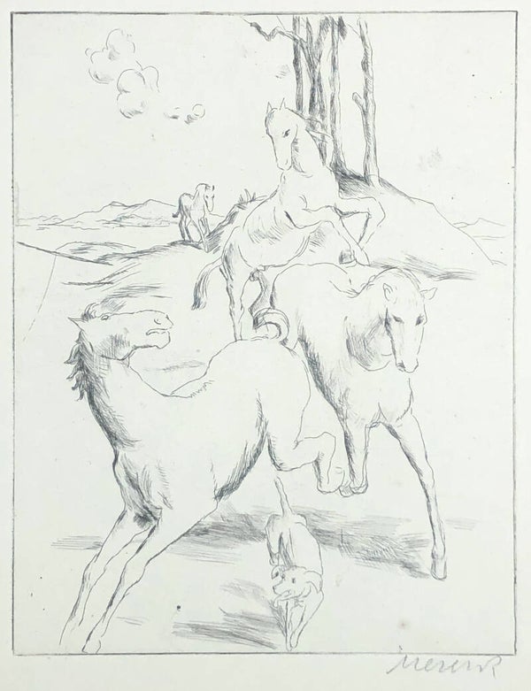 Felix Meseck (Danzig 1883-1955)  Ets (droge naald) 'Paarden' ~1920  Gesigneerd met potlood