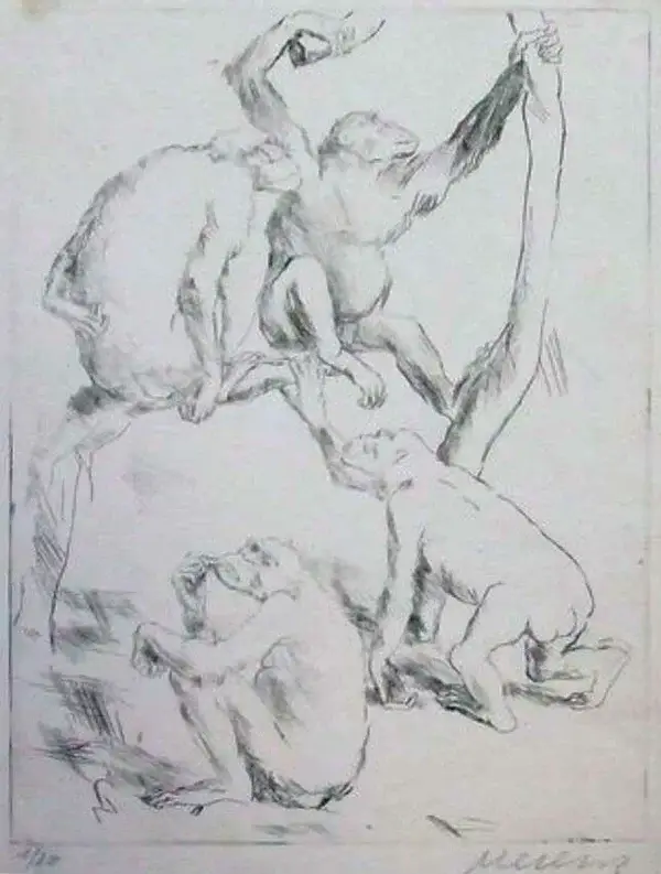 Felix Meseck (Danzig 1883-1955)  Ets (droge naald) 'Apen' ~1920  Gesigneerd met potlood