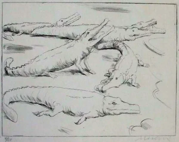 Felix Meseck (Danzig 1883-1955)  Ets (droge naald) 'Krokodillen' ~1920  Gesigneerd met potlood