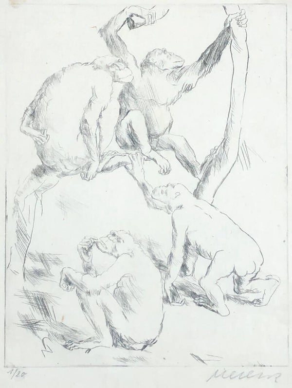 Felix Meseck (Danzig 1883-1955)  Ets (droge naald) 'Chimpansees' ~1920  Gesigneerd met potlood