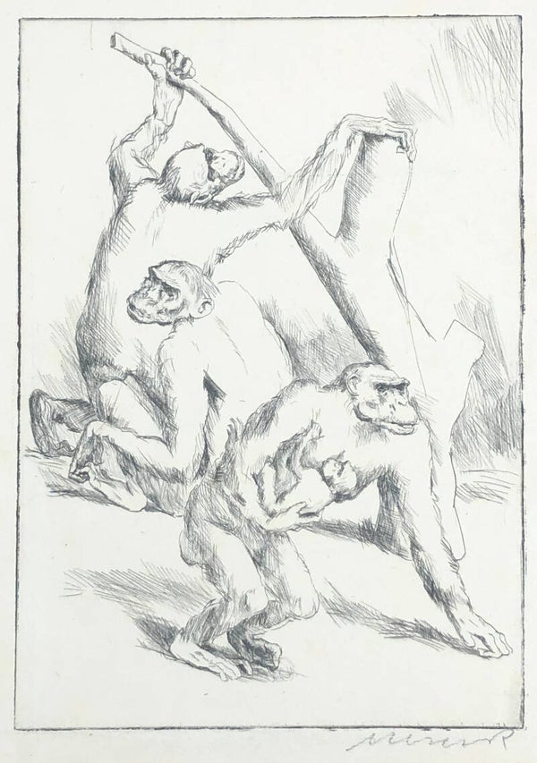 Felix Meseck (Danzig 1883-1955)  Ets (droge naald) 'Chimpansees met jong' ~1920  Gesigneerd met potlood