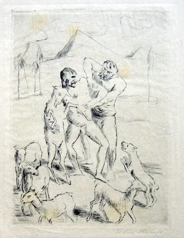 Felix Meseck (Danzig 1883-1955)  Ets (droge naald) 'Geiten met mannen met handgemeen' ~1920  Gesigneerd met potlood